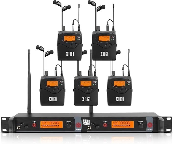 XTUGA RW2080 Wireless in Ear Monitor System Mono Design Dual Channel Wireless IEM System 5 Bodypacks, 300Ft, 40 UHF Frequencies, in Ears Monitors for Band, Stage or Studio,572MHz-599Mhz