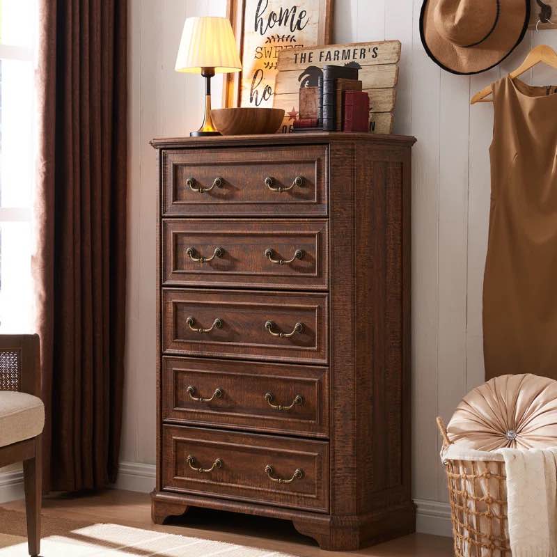 Theron 5 Drawers Tall Wood Dresser for Bedroom, Closet Storage Organizer Dressers Chests of Drawer