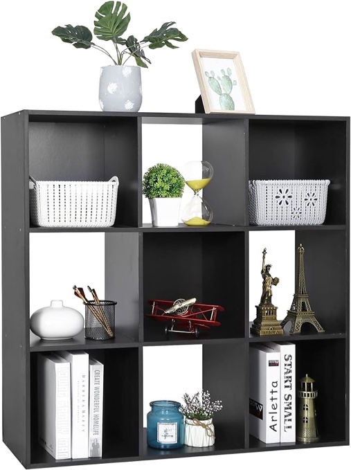 Mainstays Organizador de almacenamiento de 9 cubos, estante de exhibición de madera con 5 paneles traseros extraíbles, estantería personalizable para el hogar, oficina, dormitorio y sala de estar