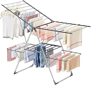Bigzzia Clothes Drying Rack, Folding 2-Level Laundry Drying Rack, Space-Saving Free-Standing Large Drying Rack, Height-Adjustable Wings with Hooks, Easy to assemable, Grey