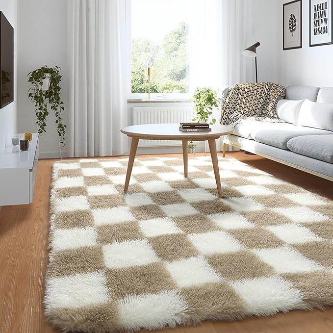 KICMOR 3x5 Small Beige and White Area Rug for Bedroom, Fluffy Fuzzy Plush Shag Shaggy Checkered Rugs, Soft Furry Bedside Rug Living Room Throw Carpet, Anti-Slip Accent Rug Runner for Girls Boys Room
