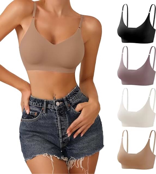 DEANGELMON 4 Pieces V Neck Bralettes Padded Seamless Adjustable Straps Bra Everyday Basic Sleeping Bras (4P3,L)