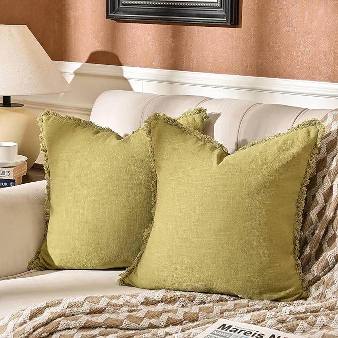 AmHoo Pack of 2 Linen Pillow Covers with Tassels Fringed Decorative Rustic Natural Throw Pillowcase Cushion for Couch Sofa Bedroom 20 x 20-Inch Teal