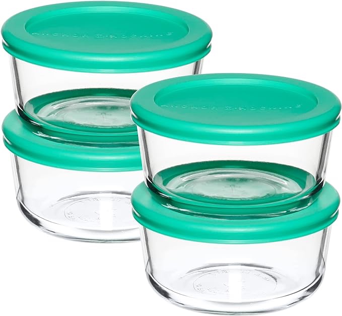 Anchor Hocking 4 Piece Glass Food Storage Containers 2-Cup Round with Mint Snugfit Lids (BPA free, oven, microwave, fridge, and freezer safe), 4 Piece Set