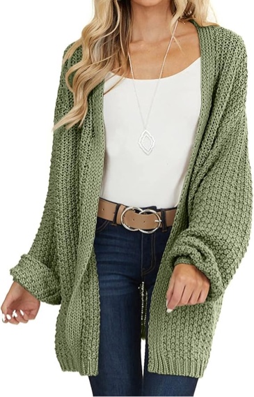 MEROKEETY Women's Open Front Chunky Knit Sweater Oversized Lantern Sleeve Cardigan Outwear Green