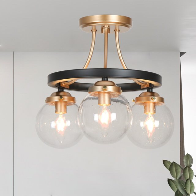 Modern Black Gold 3-Light 14.5'' Seeded Glass Semi-Flush Mount Ceiling Light for Kitchen - 14.5'' L x 14.5'' W x 12'' H