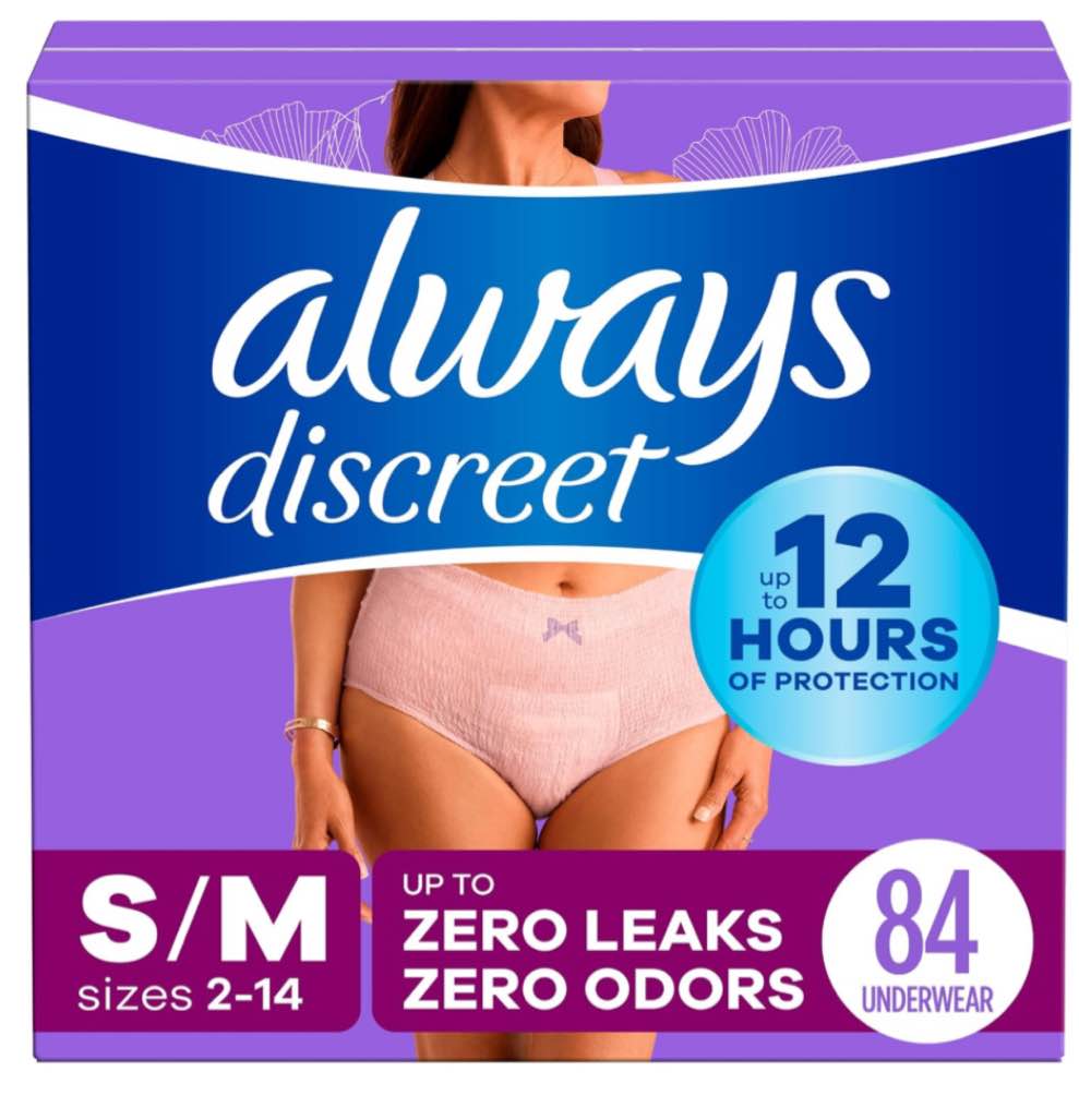 Always Discreet Adult Incontinence Underwear for Women and Postpartum Underwear, Small/Medium, up to 100% Bladder Leak Protection, 84 Count