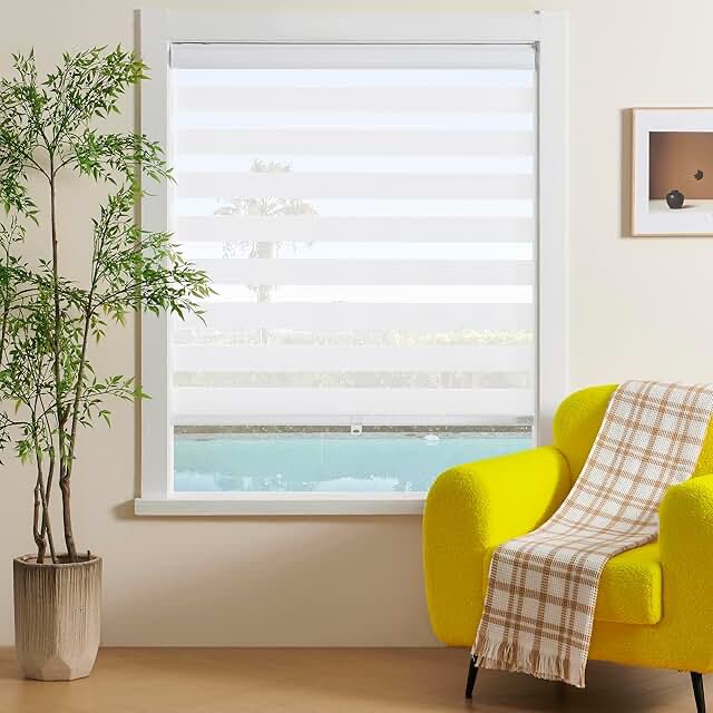 Cordless Zebra Roller Window Shades Free-Stop Roller Blinds (6 FT White) Light Control for Day and Night, Light Filtering Sheer Roler Shades for Windows, Easy to Install