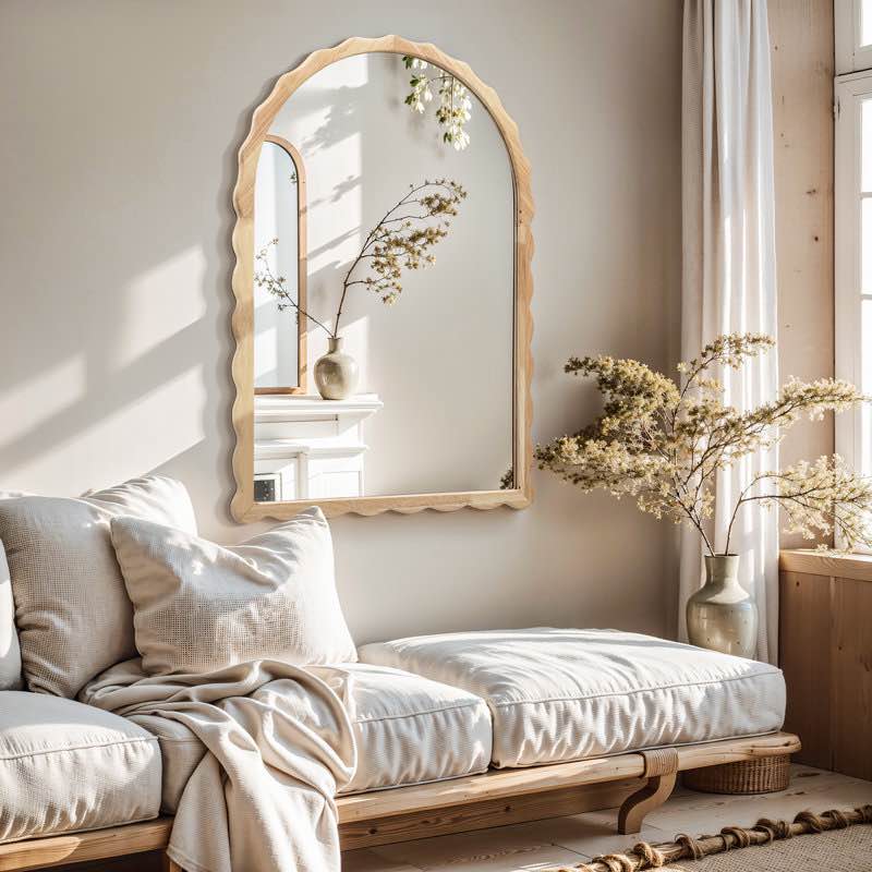 34-Inch Tall Arch Natural Rubberwood Scalloped Frame Wall Mirror