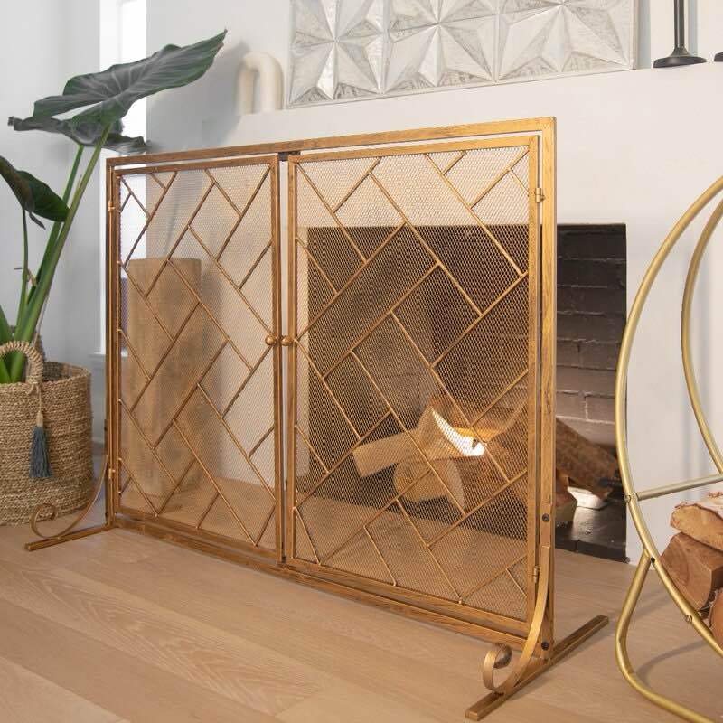 ( incomplete) Luciele 2 Panel Iron Fireplace Screen with Bronze/Gold Brushed Finish