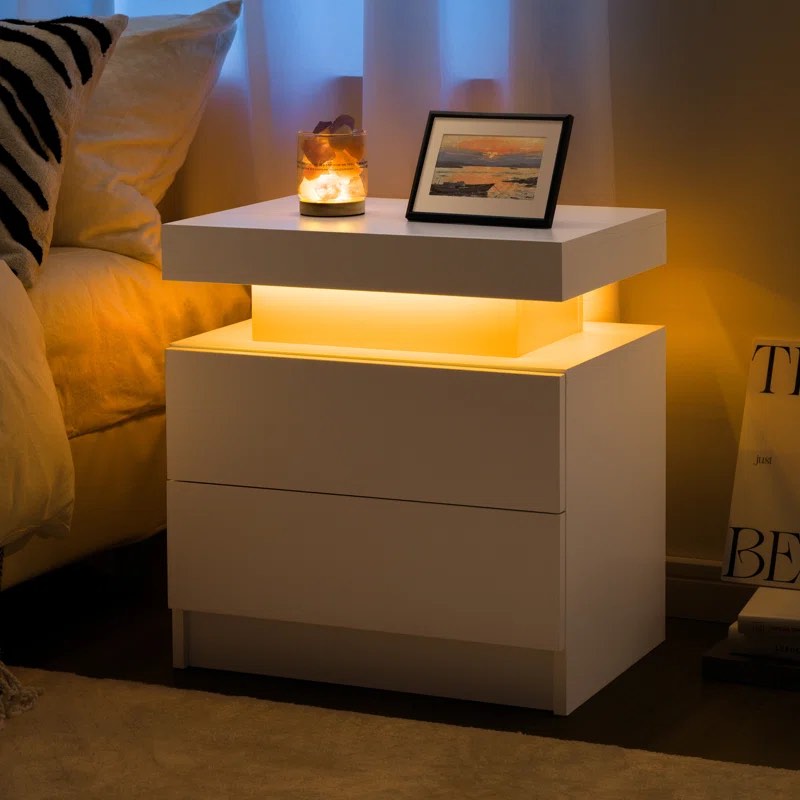 Bedside Table With 2 Drawers, Led Nightstand Wooden Cabinet Unit With Led Lights For Bedroom, End Table Side Table For Bedroom Living Room