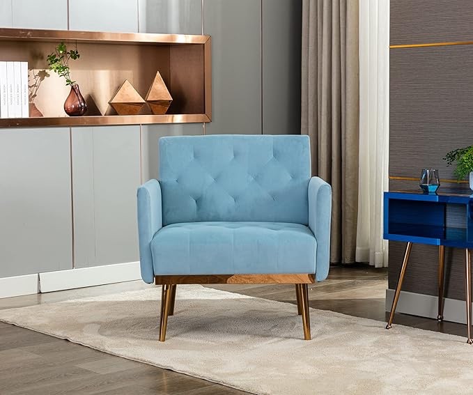 Upholstered Velvet Accent Chair for Living Room, Modern Leisure Single Sofa Arm Chair with with Rose Gold Metal Legs, Comfy Mid Century Armchair for Reading Room, Bedroom, Office, Club (Light Blue)