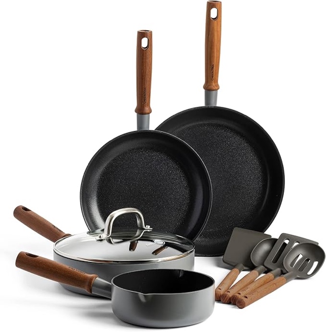 GreenPan Mayflower Pro Hard Anodized Healthy Ceramic Nonstick, 9 Piece Cookware Pots and Pans Set, Vintage Wood Handle, PFAS-Free, Induction Suitable, Charcoal Gray
