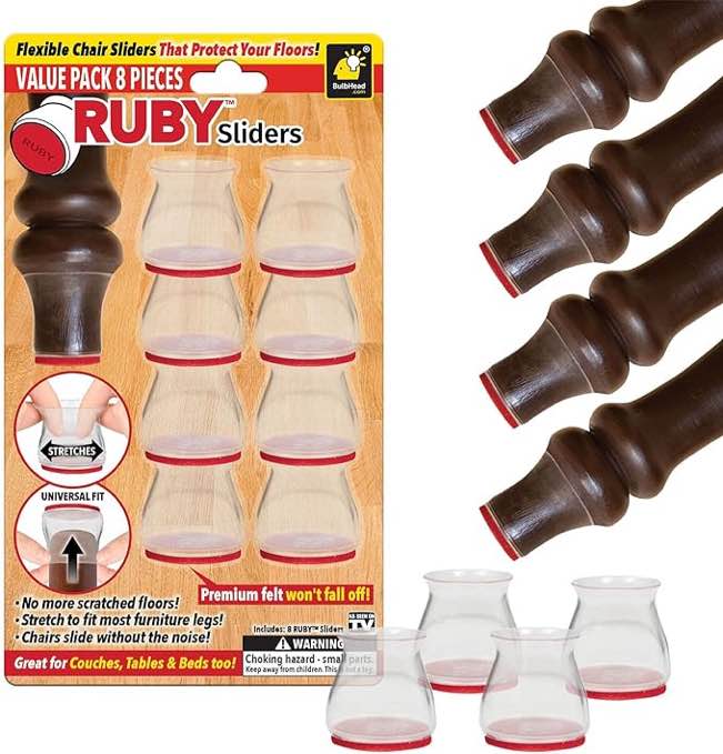 Ruby Sliders As Seen On TV by BulbHead - Red Means They?re Authentic - Premium Chair Covers Protect Hardwood & Tile Floors from Scratching - Fits Most Furniture Leg Sizes & Shapes - 8 Pack