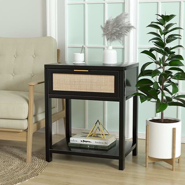 Anmytek Black Nightstand, Mid-Century Modern End Table with Storage Drawer and Open Shelf, Boho Rattan Bedside Table, Small Night Stand for Bedroom, Dorm
