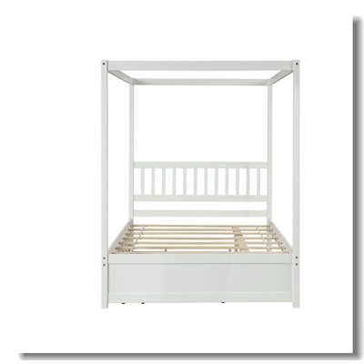 Full Size Canopy Platform Bed with Trundle, White