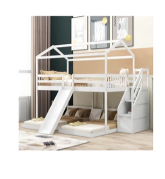 Full ever Twin & Twin Bunk Bed, with Slide and Storage Staircase, Built-in Drawer and Shelf, White