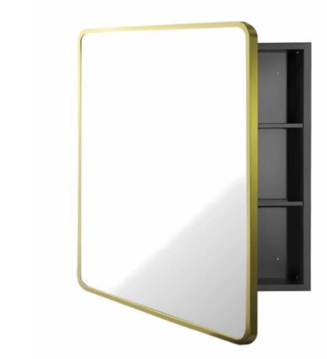 20 inch, Rounded Rectangular Black and Gold Iron Aluminum Recessed/Surface Mount Medicine Cabinet with Mirror