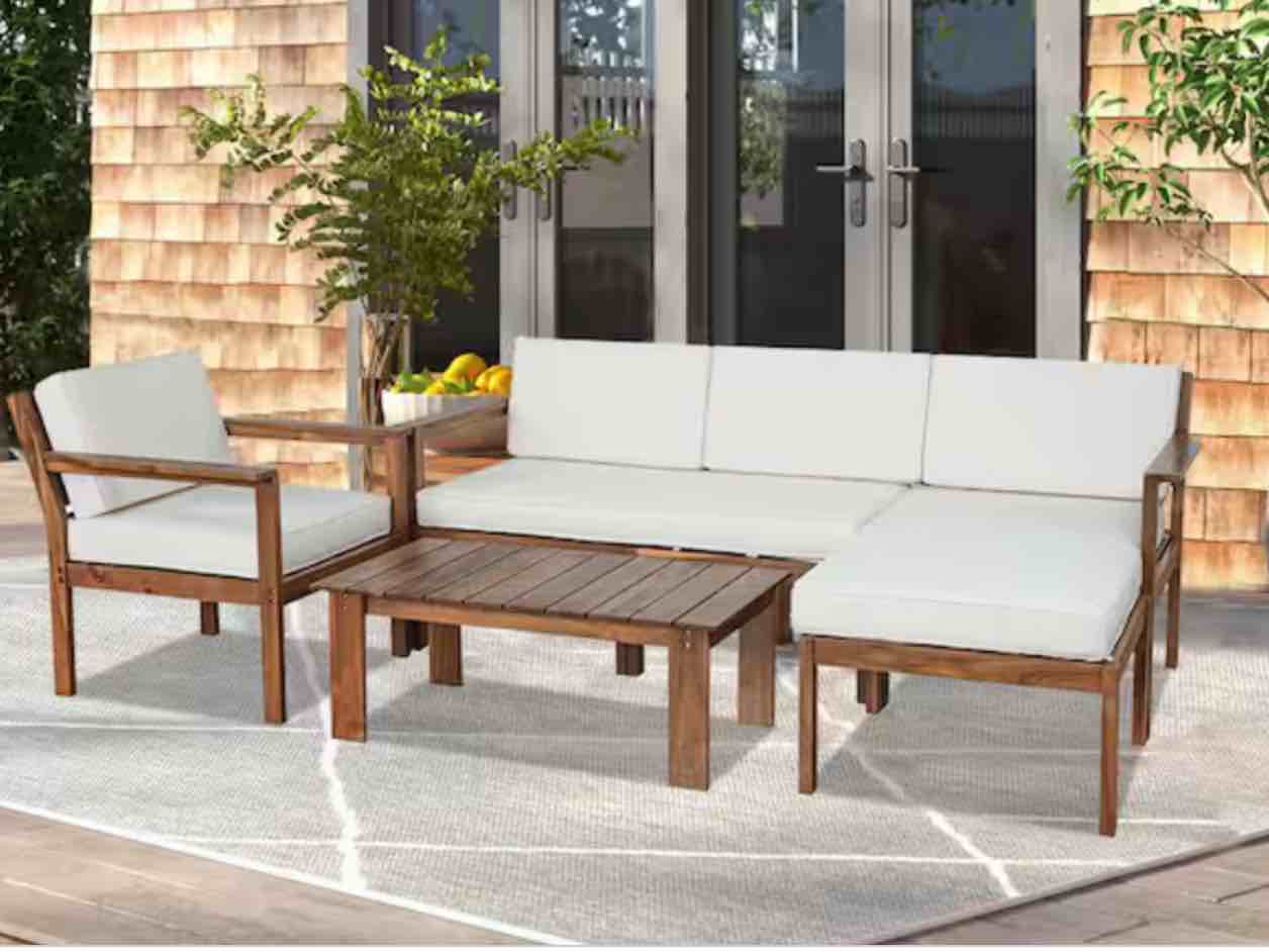 Natural 4-Piece Wood Outdoor Sectional Set with Wooden Table Beige Cushions
