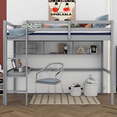 Gray Twin Size Loft Bed with Desk and Shelves