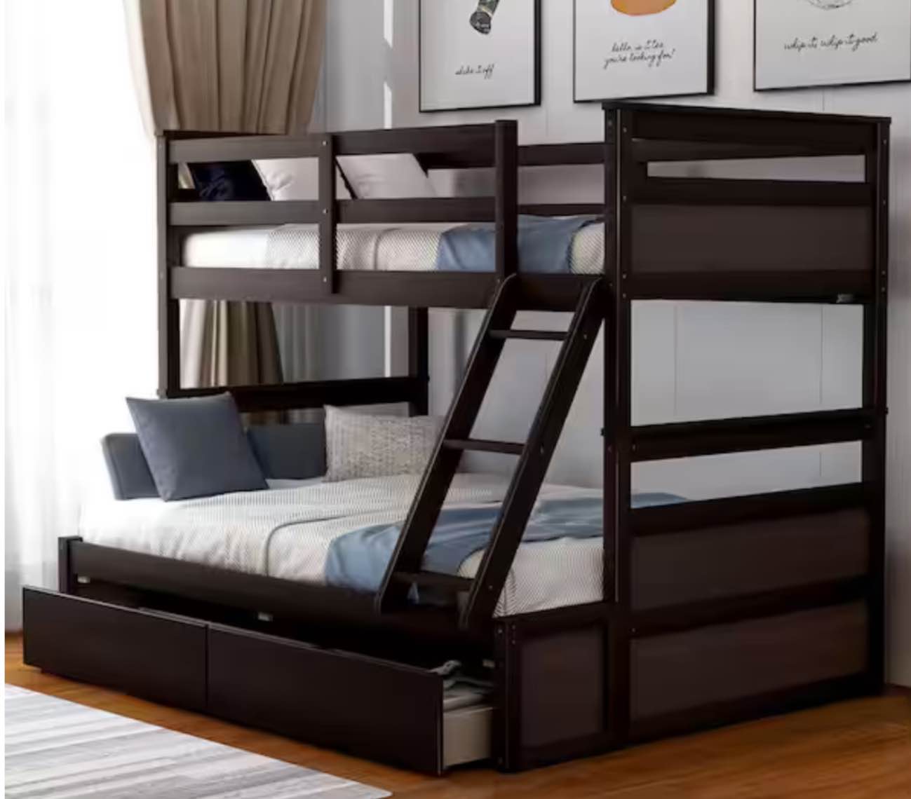 Espresso Solid Wood Twin Over Full Bunk Bed with 2-Storage Drawers