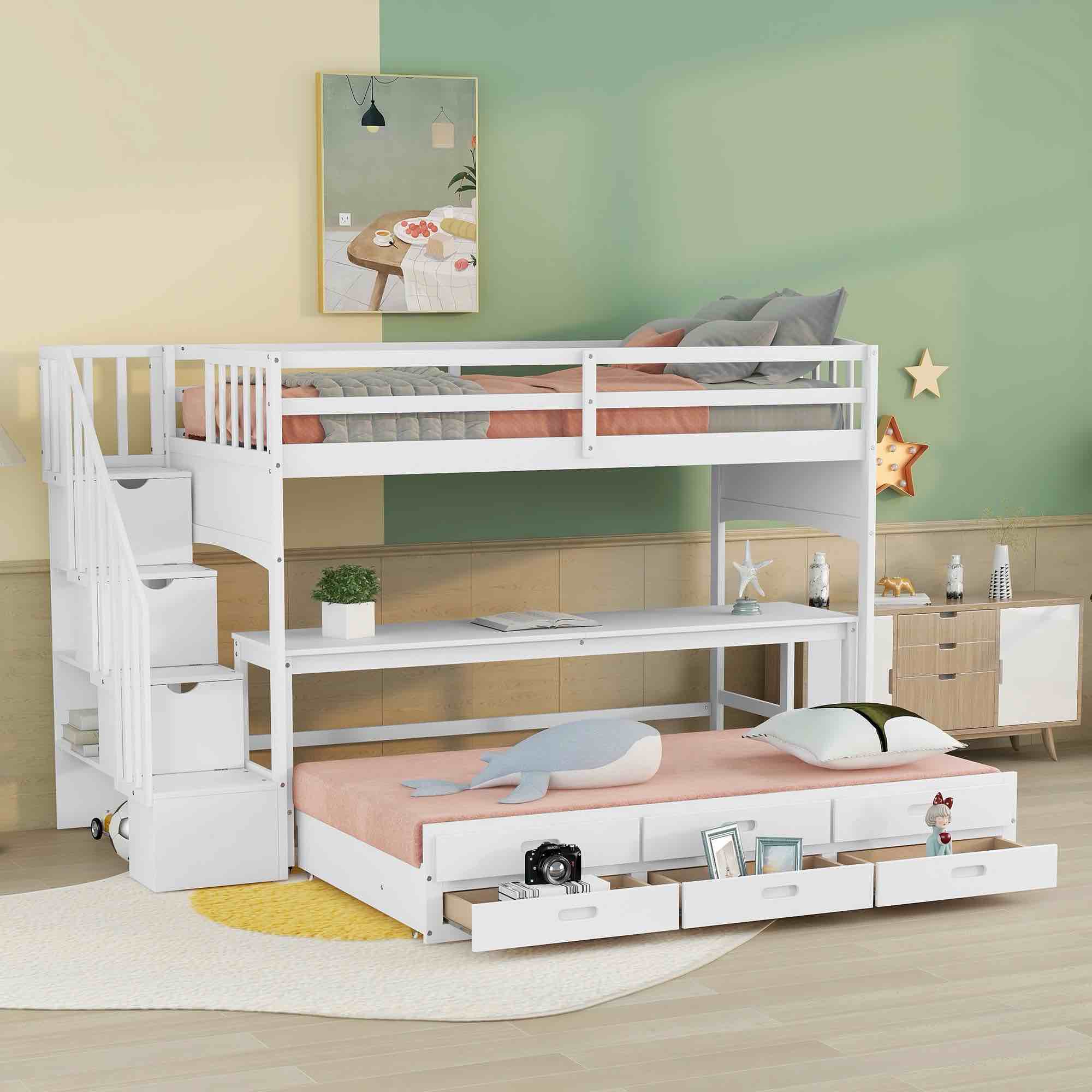 Twin Over Twin Bunk Bed with Built-in Desk and 3 Drawers, Solid Wood Bunk Bed Frame with Full-length Guardrails and Storage Staircase, Twin Loft Bed with Trundle Bed for Kids Adults Bedroom, White