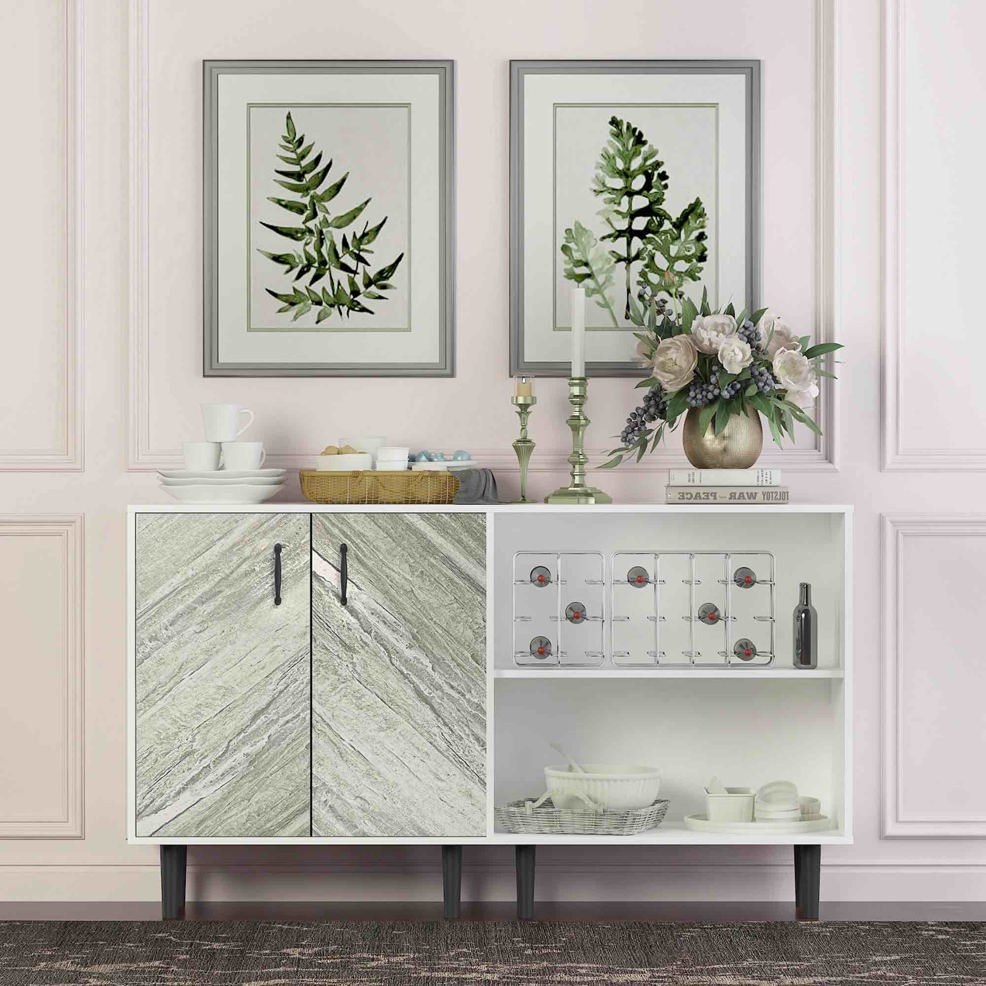 KOFUN Farmhouse Kitchen Buffet Cabinet, Kitchen Buffet Server Cupboard, Console Cabinet with 2 Doors 2 Shelves for Bedroom, Living Room, White Finish