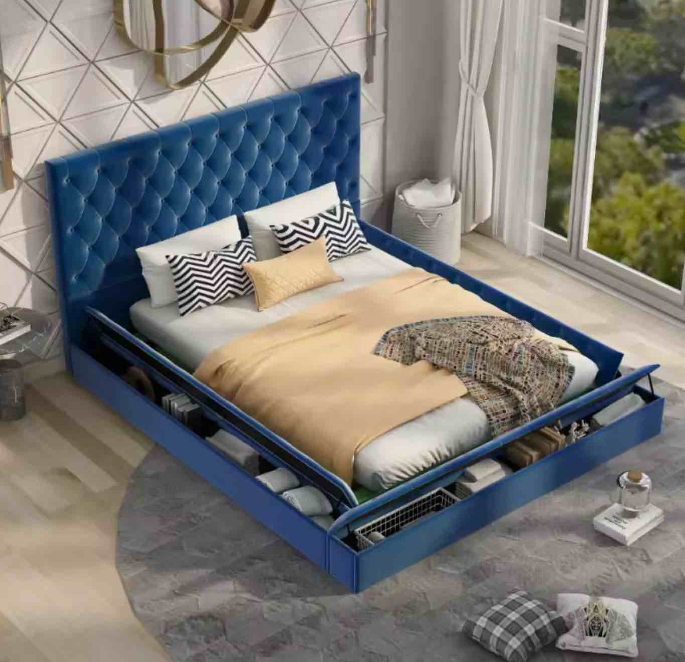 Queen Size Upholstery Low Profile Storage Platform Bed with Storage Space on Both Sides and Footboard\ Blue 
