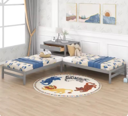 Twin Size L-Shaped Platform Beds with Drawer Linked with Built-in Rectangle Table\ Gray 