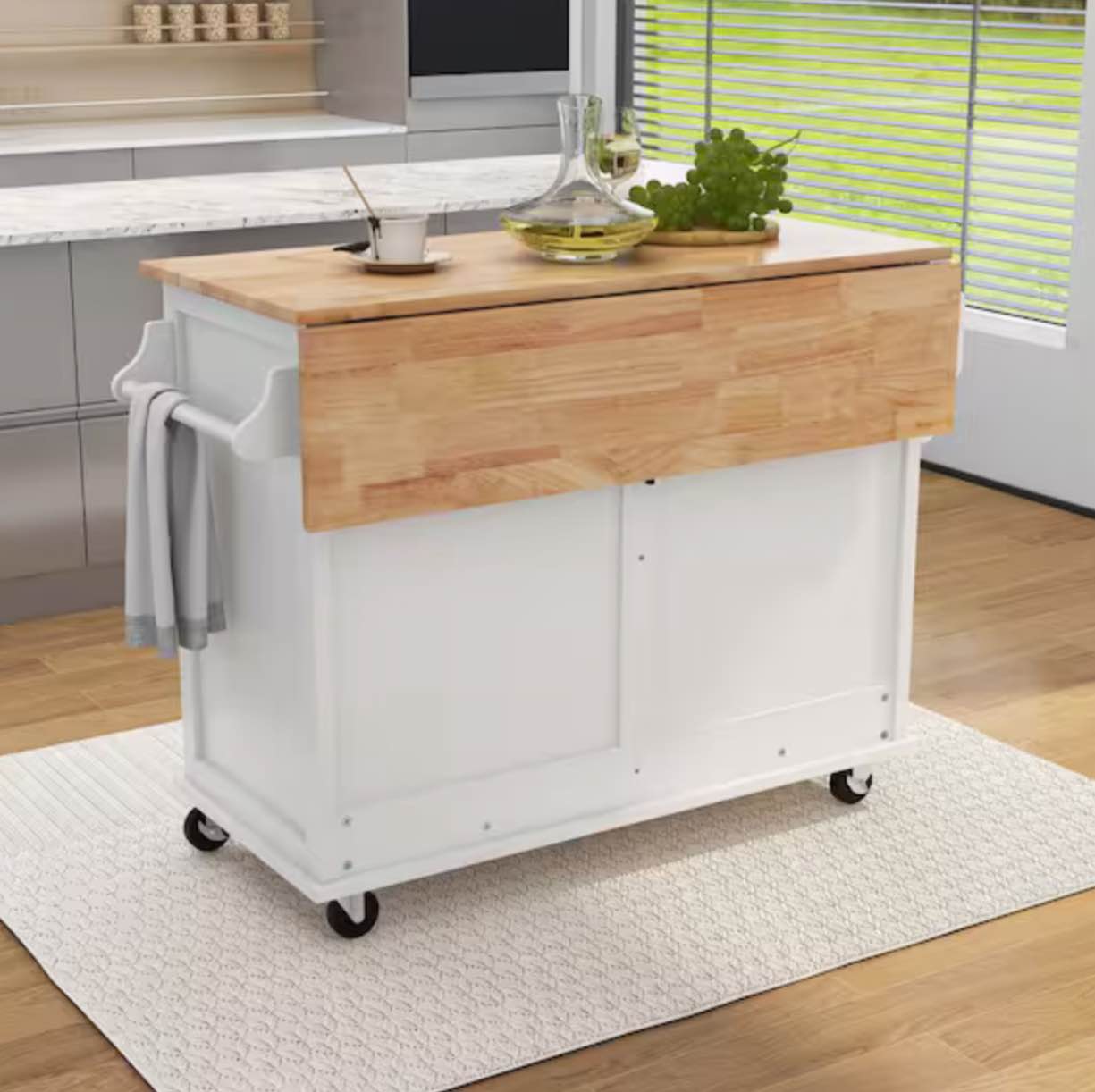 White Kitchen Island Rubber Wood Drop-Leaf Countertop Sliding Barn Door Adjustable Height on 4-Wheels and 2-Drawers
