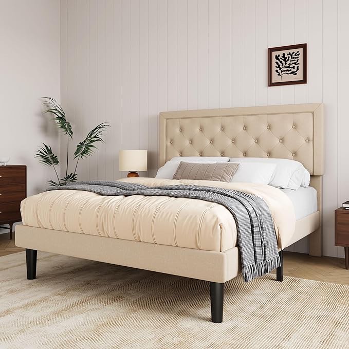 Allewie Full Size Button Tufted Platform Bed Frame/Fabric Upholstered Bed Frame with Adjustable Headboard/Wood Slat Support/Mattress Foundation/Beige (Full)(see description)