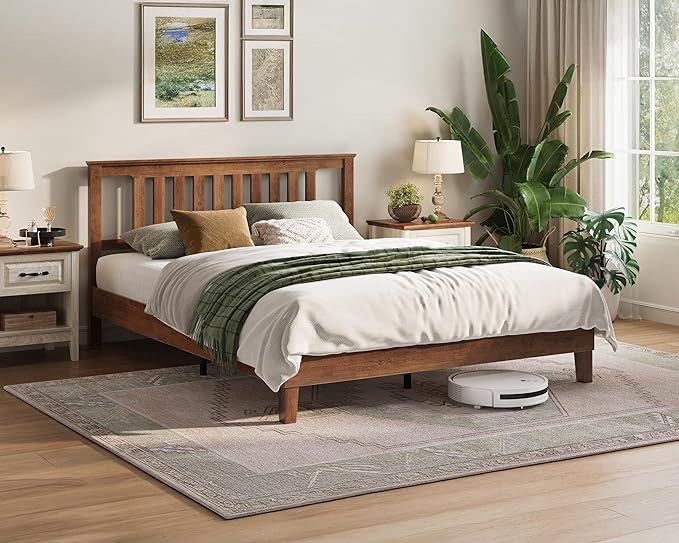 LINSY Queen Bed Frame, Wood Platform Bed Frame with Headboard, Solid Wood Bed with Wood Slat Support, No Box Spring Needed, Easy Assembly, Walnut, Queen