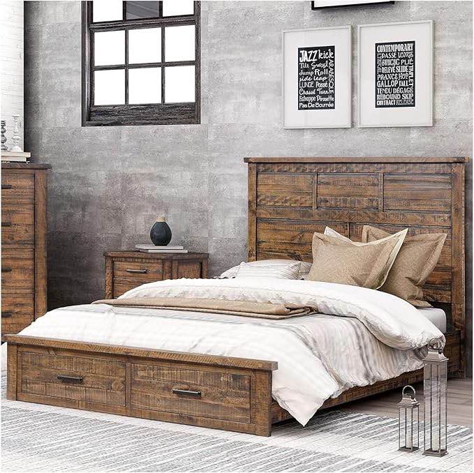 MhaRt Rustic Reclaimed Solid Wood Queen Bed Frame with 2 Storage Drawers, Framhouse Queen Size Platform Bed Frame with High Headboard, Queen Bed with Wooden Support Legs( see description)