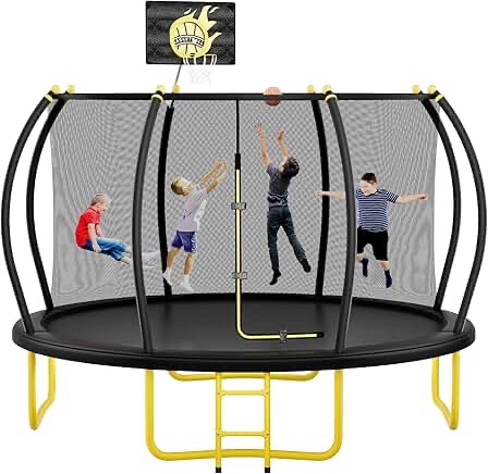 12FT Trampoline, Trampoline Outdoor with Basketball Hoop, Enclosure Net and Ladder, Recreational Trampoline for Kids, Adults, Outdoor and Backyard, ASTM Approved, Capacity 660 lbs