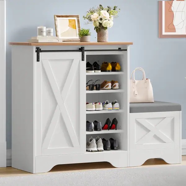 Farmhouse Shoe Cabinet with Sliding Door Shoe Bench 5-Tier Shoe Storage Cabinet with Adjustable Shelves for 20 Pairs 