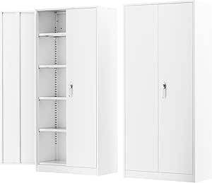 White Metal Storage Cabinet, 72" Locking Storage Cabinets with Doors and 4 Shelves, Tall Tool Storage Cabinet for Garage, Steel Lockable File Cabinet Metal Locker for Home Office, Classroom
