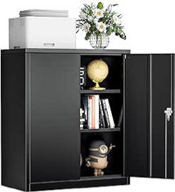 Metal Storage Cabinets with Lock, Lockable Storage Cabinet with 2 Locking Doors and 2 Adjustable Shelves, Small Steel Cabinet for Home, Warehouse, Garage(Black)