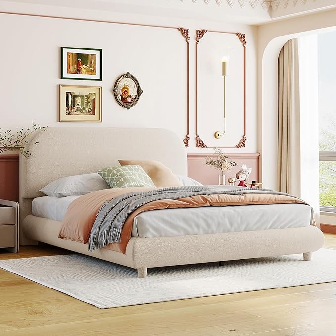 Teddy Fleece Full Size Upholstered Platform Bed with Thick Fabric, Solid Frame and Stylish Curve-Shaped Design,for Kids Teens Adults Bedroom (Beige@Teddy Fleece/, Full)