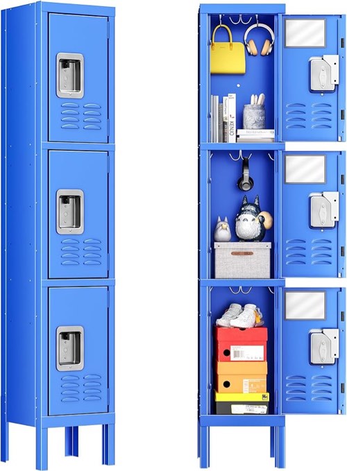 INTERGREAT Metal Locker for School Office Gym Metal Storage Locker Cabinet for Employees Students Steel Locker Triple Tier with 3 Door Blue