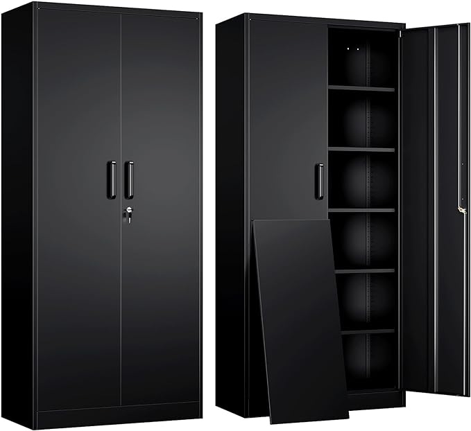 Yizosh Metal Garage Storage Cabinet with 2 Doors and 4 Adjustable Shelves - 71" Steel Lockable File Cabinet,Locking Tool Cabinets for Office,Home,Garage,Gym,School (Black)