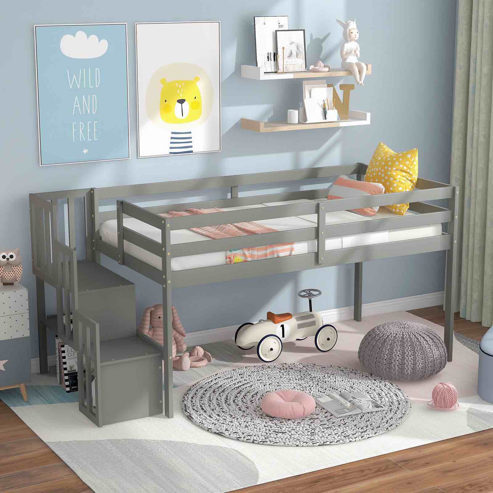 Loft Bed with Stairs, Gray 