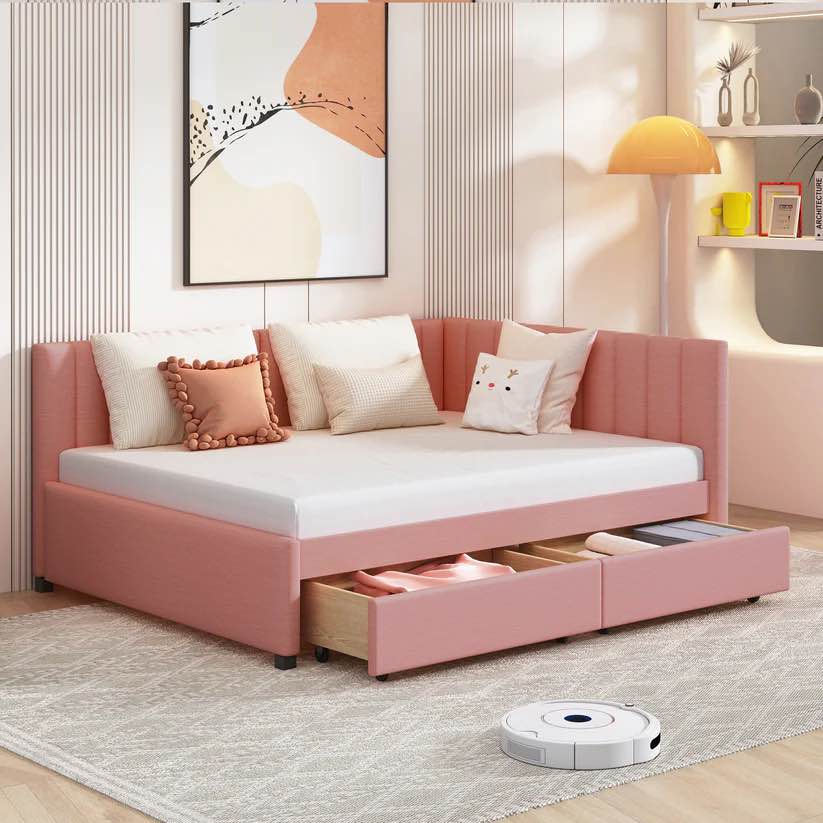 Full Size Upholstered Daybed With 2 Storage Drawers Sofa Bed Frame No Box Spring Needed, Linen Fabric Beige 