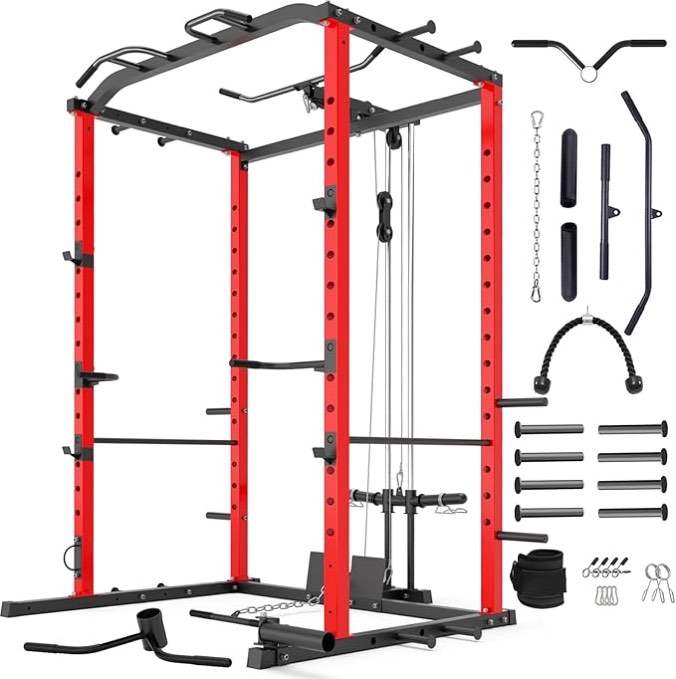 VANSWE Power Cage with LAT Pulldown Attachment, 1200-Pound Capacity Power Rack Full Home Gym Equipment with Multi-Grip Pull-up Bar, Landmine, T bar and Dip Handle (2024 Updated Version)