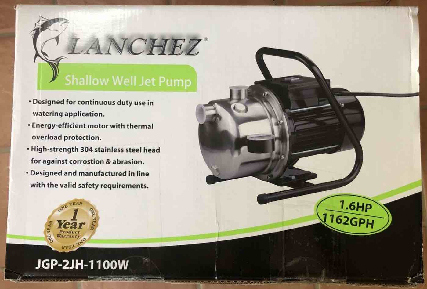 LANCHEZ 1.6 HP SHALLOW WELL JET PUMP PORTABLE STAINLESS 1162 GPH JGP-2JH-1100W