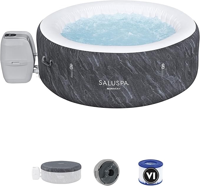 Bestway SaluSpa Boracay AirJet Person Inflatable Hot Tub Round Portable Outdoor Spa 120 Soothing Jets with Cover, Gray bestway piscina model S100205