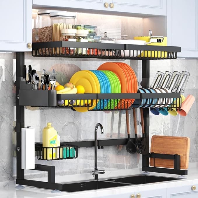 Loyalfire Over Sink Dish Drying Rack, 3 Tier Adjustable Length (20.87''~37.6'') Stainless Steel Large Storage Kitchen Dish Rack, Expandable Shelf Rack with Utensil Holder, Cup Hanging Set Black Gray