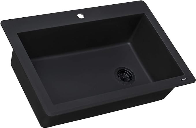   Ruvati 33 x 22 inch Drop-in Topmount Granite Composite Single Bowl Kitchen Sink Slope Bottom - Midnight Black - RVG1033BK Roll over image to zoom in                      4 VIDEOS Ruvati 33 x 22 inch Drop-in Topmount Granite Composite Single Bowl Kitchen Sink Slope Bottom - Midnight Black - RVG1033BK