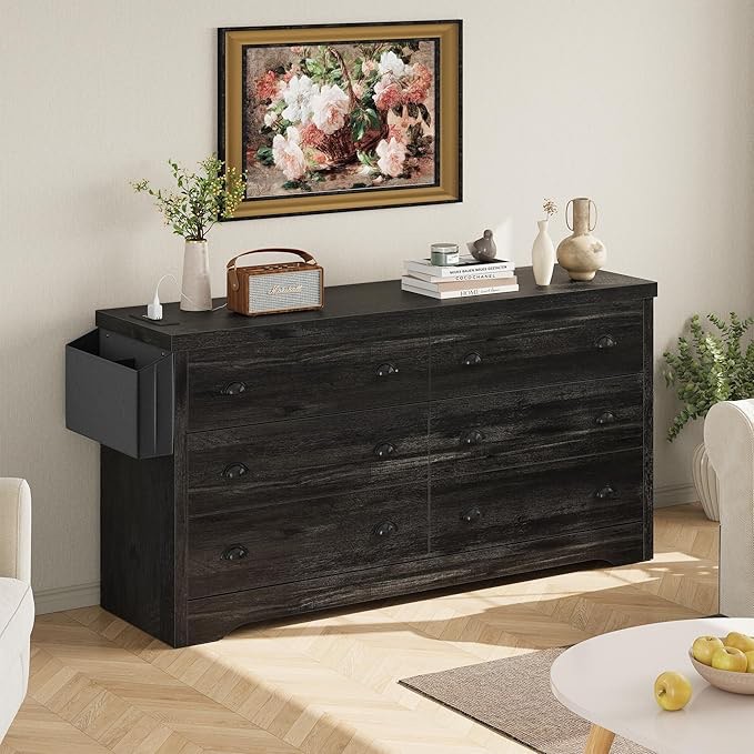 LIKIMIO Dresser for Bedroom 6 Drawer with Charging Station, TV Stand Storage Chest of Drawers for Living Room Hallway Entryway, MDF Board, Charcoal Grey