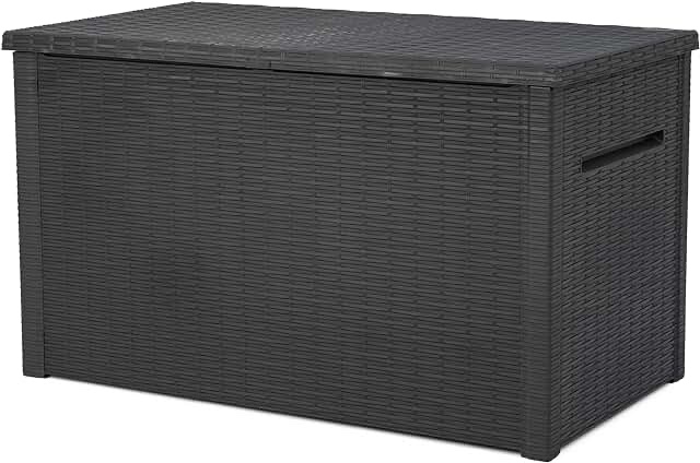 Keter Java XXL 230 Gallon Resin Rattan Look Large Outdoor Storage Deck Box for Patio Furniture Cushions, Pool Toys, and Garden Tools, Dark Grey