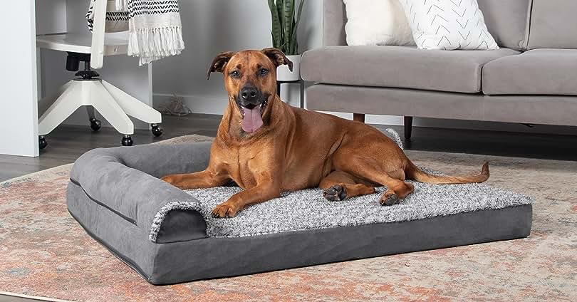 Furhaven Orthopedic Dog Bed for Large Dogs w/ Removable Bolsters & Washable Cover, For Dogs Up to 125 lbs - Plush & Suede Sofa - Gray, Jumbo Plus/XXL (Plush & Suede) Gray 53.0"L x 40.0"W x 9.5"Th